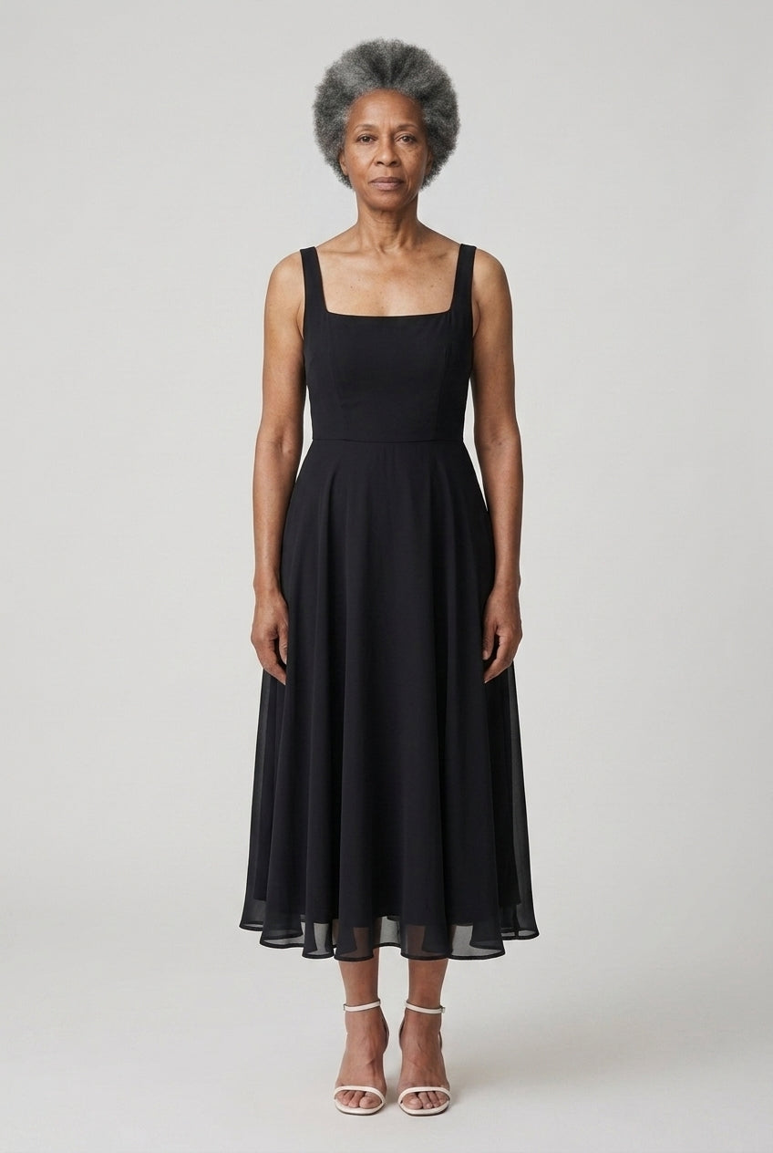 Elegant Sleeveless Square Midi Dress for Women, Tailored Bodice Flowing Skirt, for Weddings, Formal Events, Brunch & Spe