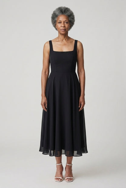 Elegant Sleeveless Square Midi Dress for Women, Tailored Bodice Flowing Skirt, for Weddings, Formal Events, Brunch & Spe