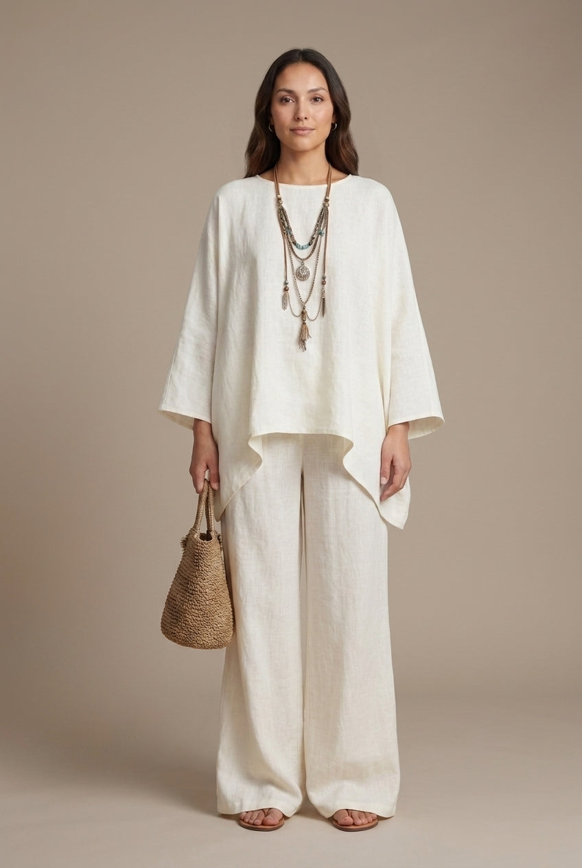 Elegant Wide Sleeve Linen Set for Women, Oversized Top and Wide-Leg Trousers, for Casual, Work, Vacation & Everyday Wear