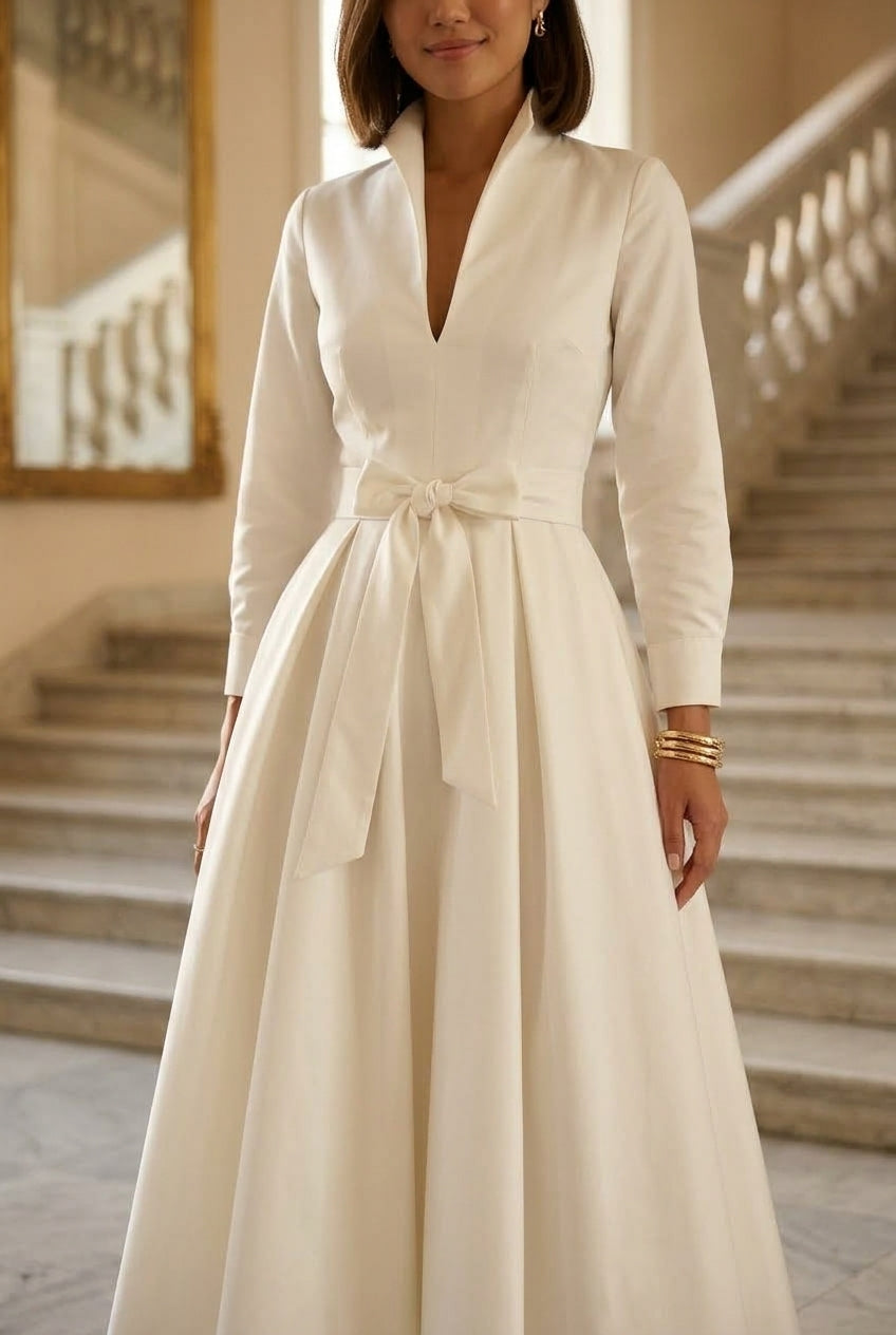 Monia | Long Sleeve V Neck A-Line Midi Dress