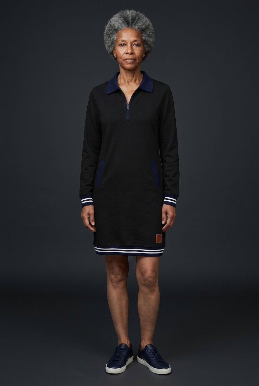 Elegant Long Sleeve Collar Dress for Women, Cotton Blend Straight Cut with Front Zipper & Pockets, for Work, Office, Cas