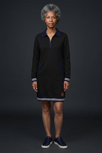 Elegant Long Sleeve Collar Dress for Women, Cotton Blend Straight Cut with Front Zipper & Pockets, for Work, Office, Cas
