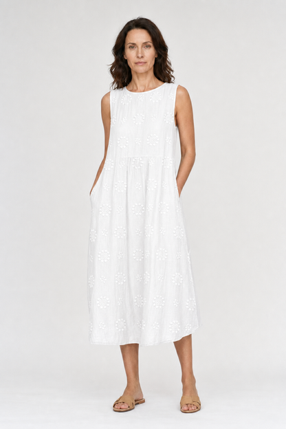 Lena | Women's Cotton Embroidered Sleeveless Midi Dress