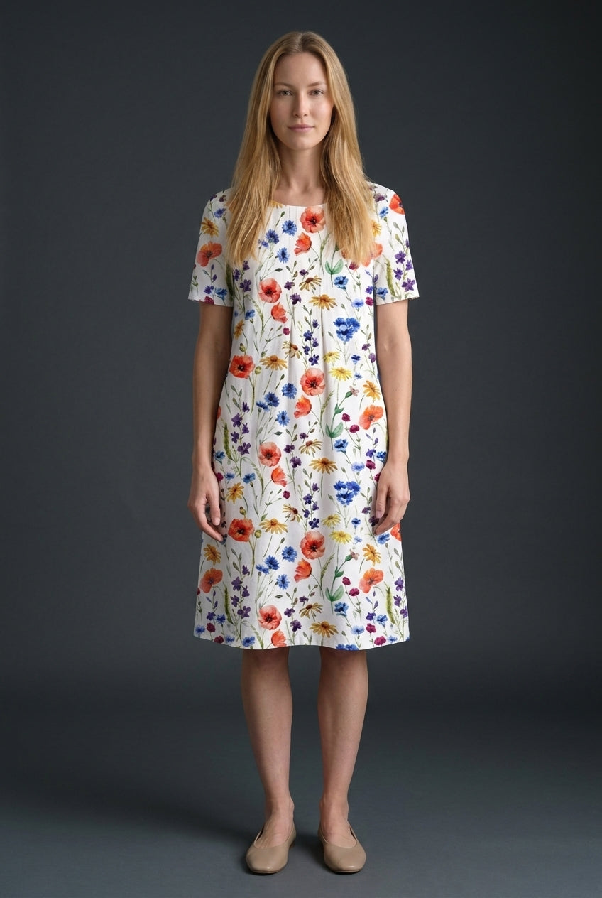 Elegant Round Neck Floral Dress for Women, Printed Layered Soft Fabric, for Everyday, Work, Special Occasions & Versatil
