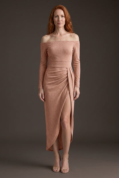 Elegant Off-Shoulder Dress for Women, Flowing Silhouette with Slit Detail, for Weddings, Evening Events & Special Occasi