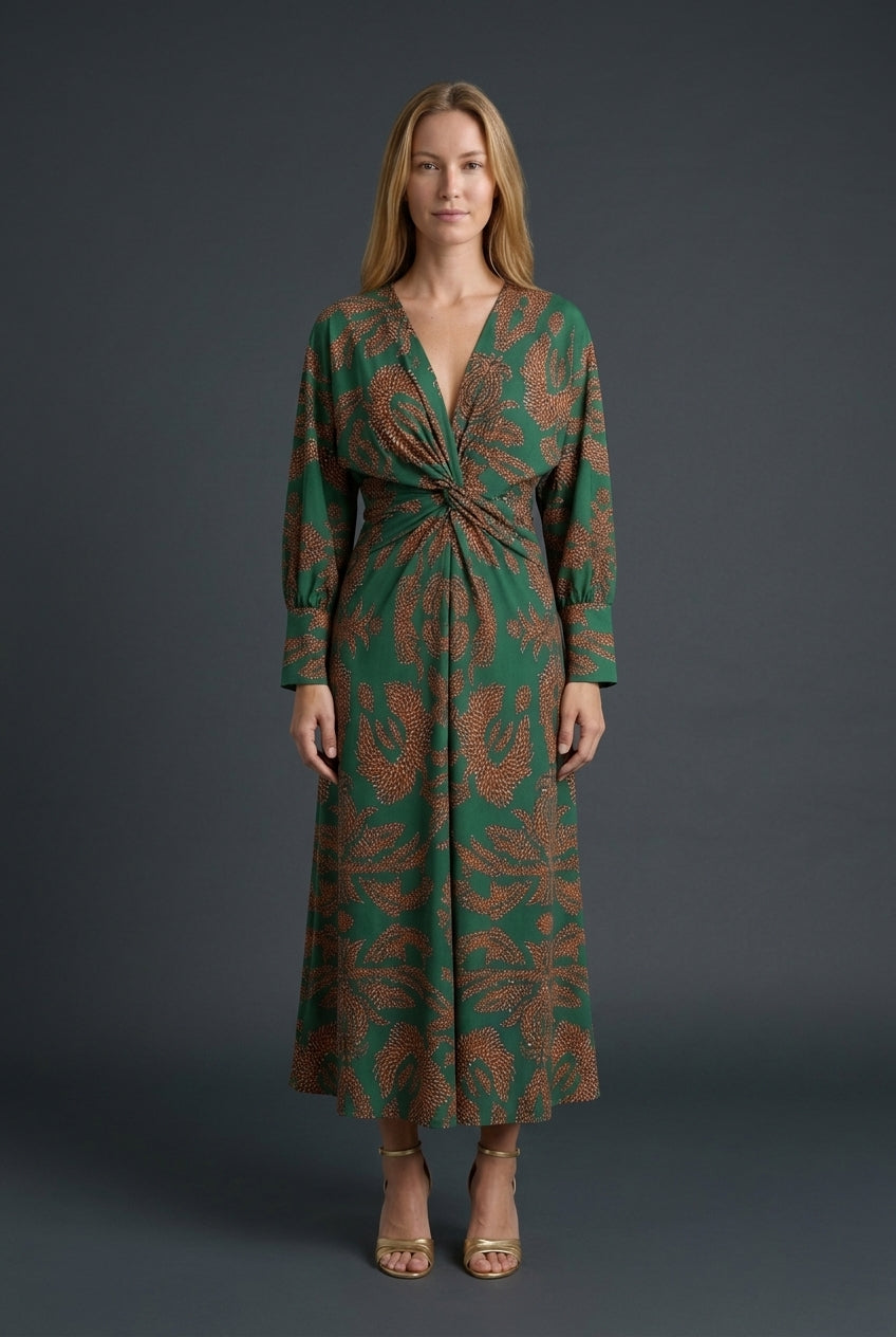 Elegant V-Neck A-Line Maxi Dress for Women, Long Sleeve Flowing Silhouette with Waist Detail, for Wedding, Evening & Spe