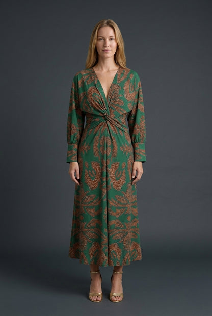 Elegant V-Neck A-Line Maxi Dress for Women, Long Sleeve Flowing Silhouette with Waist Detail, for Wedding, Evening & Spe