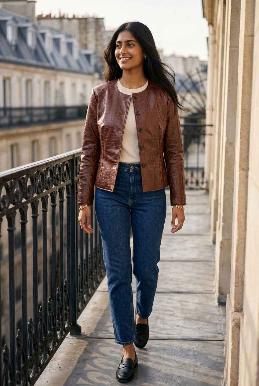 Fina | Croc Embossed Faux Leather Jacket