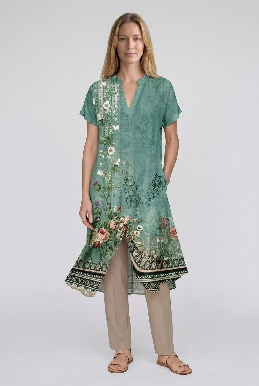 Elegant V-Neck Floral Dress for Women, Lightweight Flowing Midi with Side Pockets, for Daytime, Evening & Casual Wear