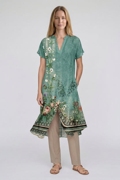 Elegant V-Neck Floral Dress for Women, Lightweight Flowing Midi with Side Pockets, for Daytime, Evening & Casual Wear