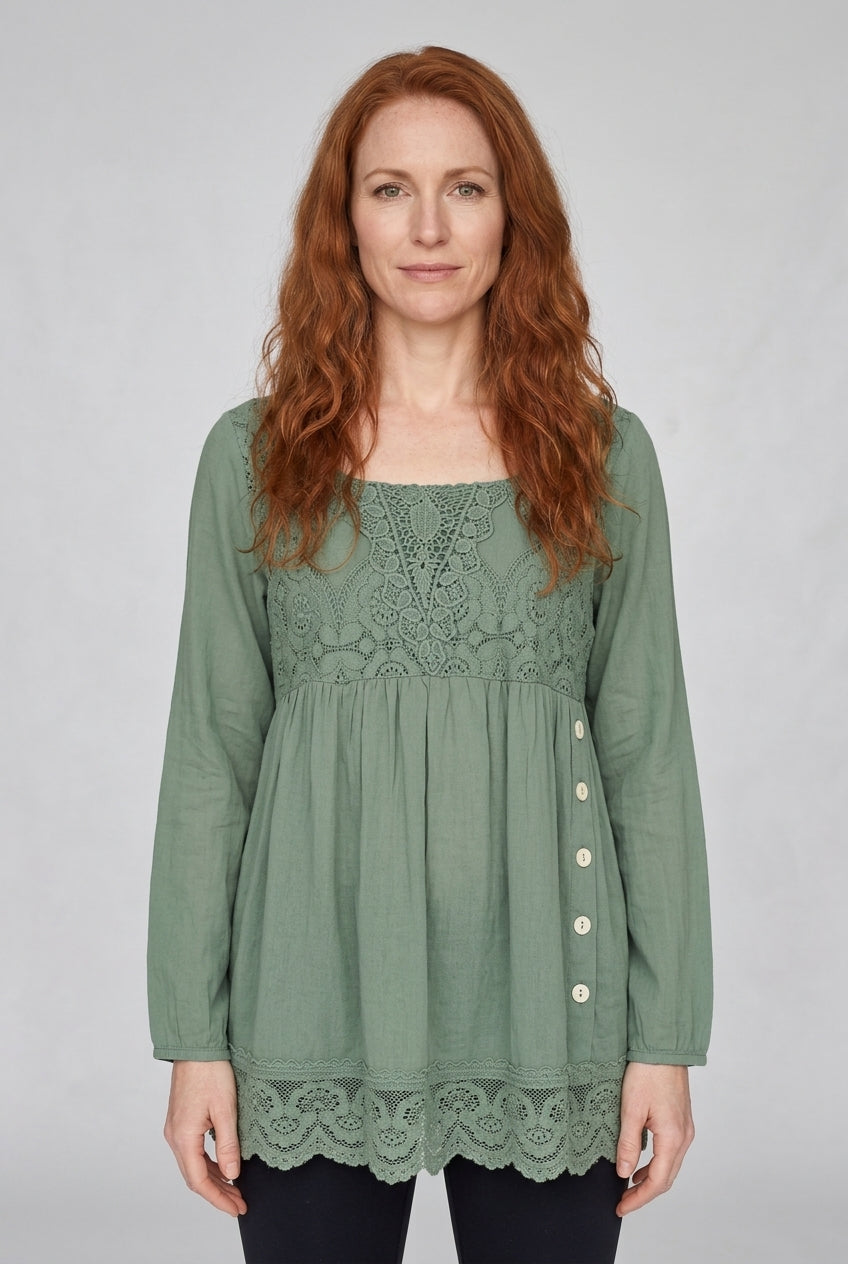 Lace Patchwork Square Neck Tunic Top with Side Buttons for Women