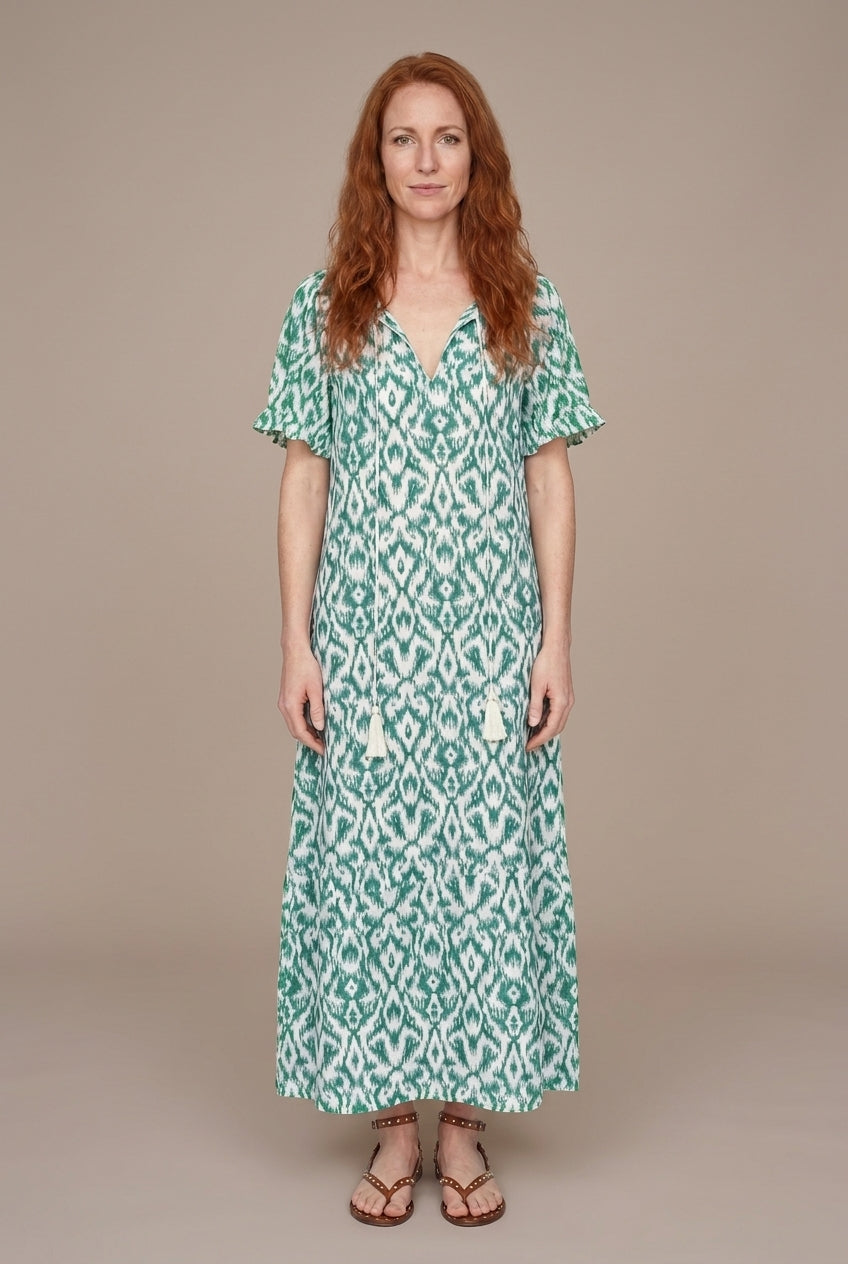 Boho V-Neck Summer Dress for Women, Flowing Vintage-Inspired Pattern Relaxed Fit, for Vacation, Brunch, Date Night & Eve