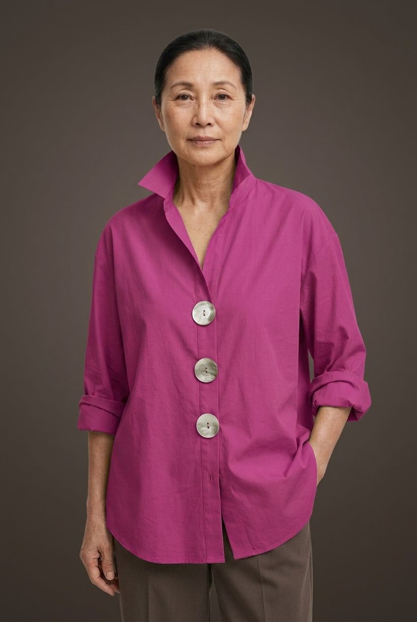 Stylish Big Button Collar Blouse for Women, Stand Collar Relaxed Fit Roll-Back Sleeves, for Work, Office, Casual & Every