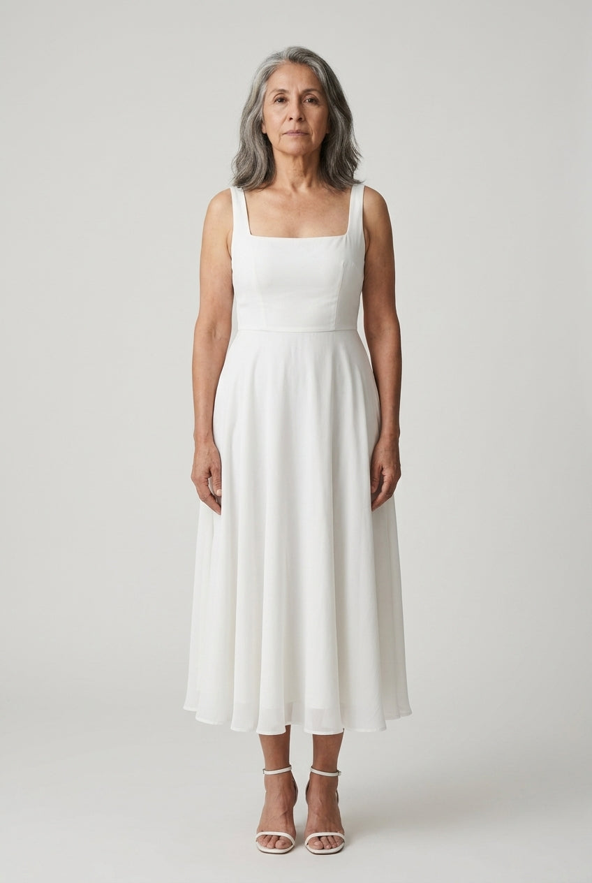 Elegant Sleeveless Square Midi Dress for Women, Tailored Bodice Flowing Skirt, for Weddings, Formal Events, Brunch & Spe