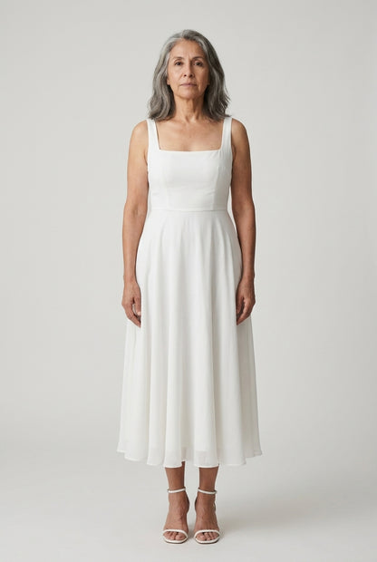 Elegant Sleeveless Square Midi Dress for Women, Tailored Bodice Flowing Skirt, for Weddings, Formal Events, Brunch & Spe