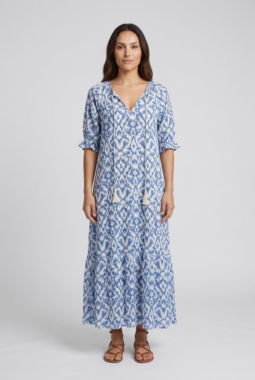 Boho A-Line Dress for Women, Lantern Sleeve V-Neck Geometric Print, for Vacation, Casual, Date Night & Everyday