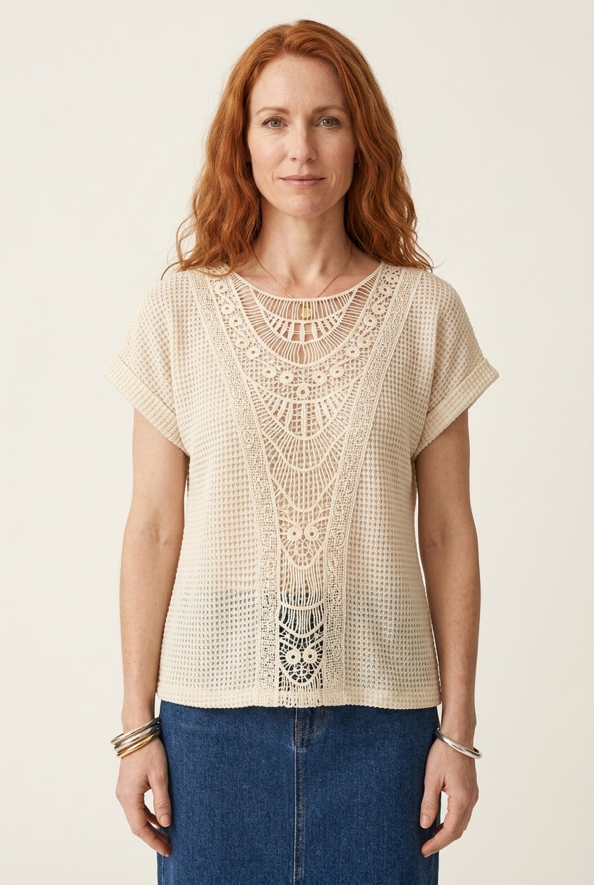 Elegant Ibiza-Style Boho Top for Women, Lightweight Relaxed Fit Round Neck, for Beach, Vacation & Everyday Wear