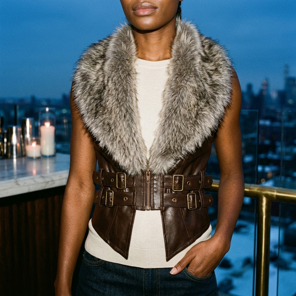 Ovara | Cropped Faux Fur Collar Leather Jacket