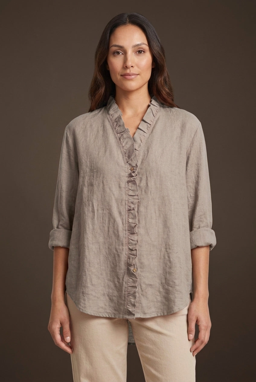 Casual Ruffle V-Neck Blouse for Women, Cotton-Linen Blend Lightweight Relaxed Fit, for Everyday Wear, Office & Smart-Cas