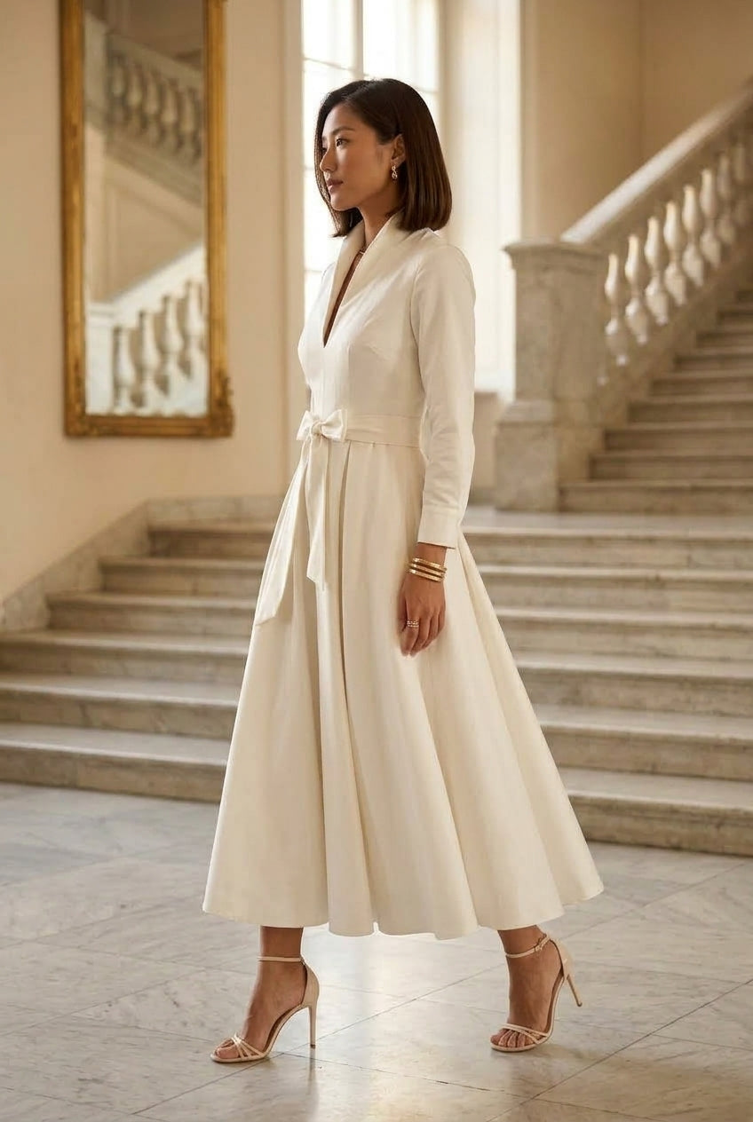 Monia | Long Sleeve V Neck A-Line Midi Dress