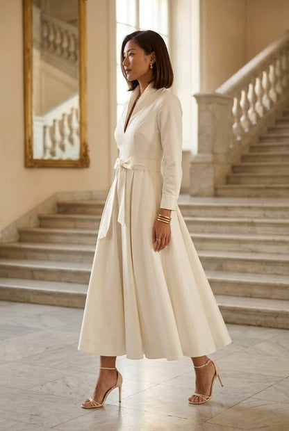 Monia | Long Sleeve V Neck A-Line Midi Dress