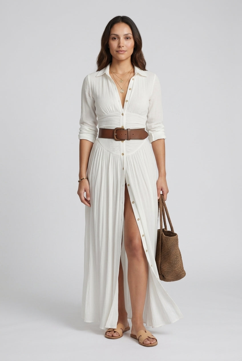 Elegant Maxi Dress for Women, Long Sleeve Collared Tailored Pleated, for Work, Garden Party & Everyday Wear