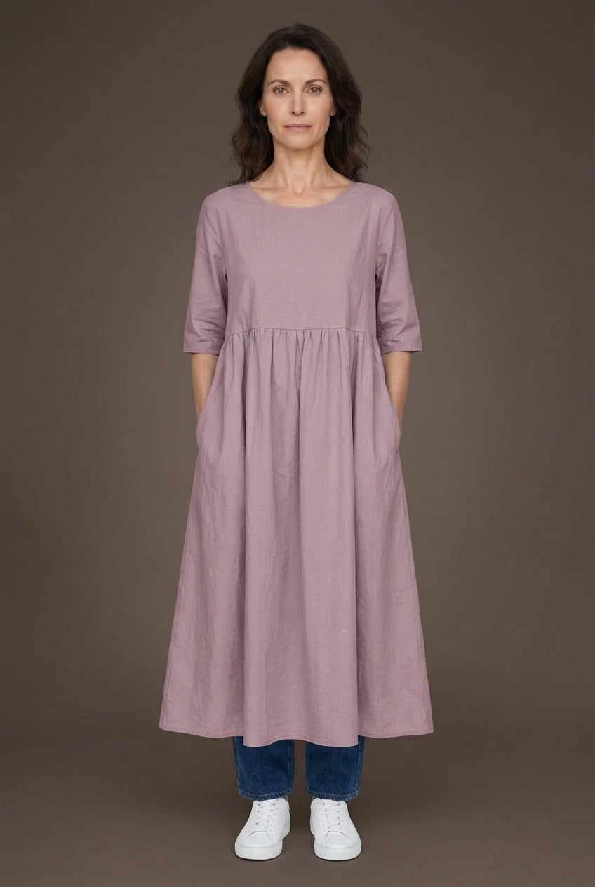 Classic Mid Sleeve Dress for Women, Cotton Relaxed Fit Round Neckline with Pockets, for Spring, Summer & Everyday Wear