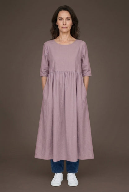Classic Mid Sleeve Dress for Women, Cotton Relaxed Fit Round Neckline with Pockets, for Spring, Summer & Everyday Wear