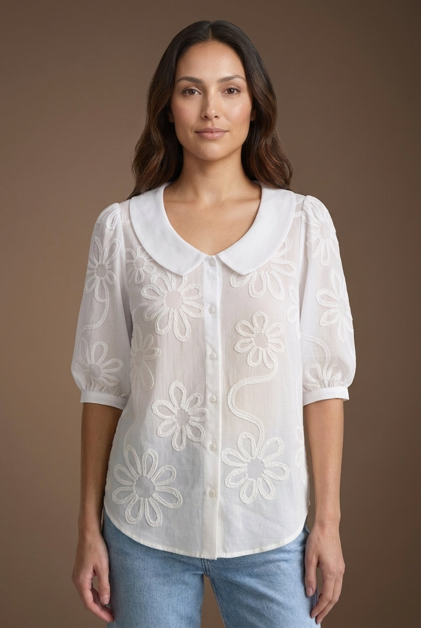 Embroidered Floral Blouse for Women, Cotton Blend Short-Sleeve Round Neckline Button-Down, for Work, Casual, Everyday & 