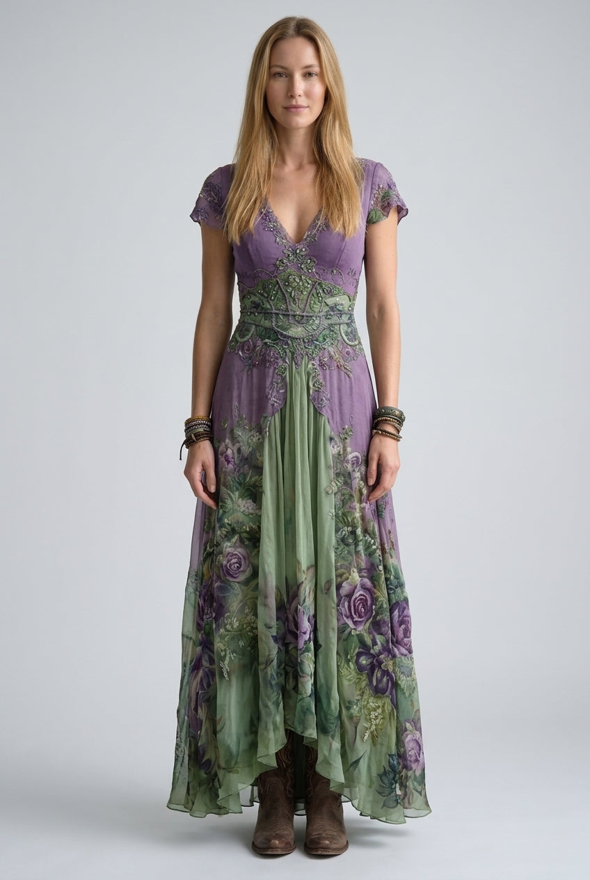 Elegant Maxi Dress for Women, Floral Gradient V-Neck Flowing Long-Sleeve, for Wedding Guest, Date Night, Evening & Vacat