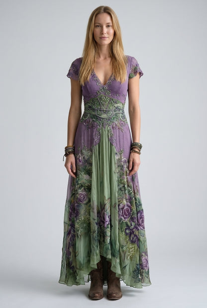 Elegant Maxi Dress for Women, Floral Gradient V-Neck Flowing Long-Sleeve, for Wedding Guest, Date Night, Evening & Vacat
