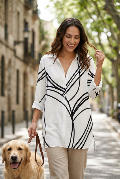 Abstract Stripe Lapel Long Sleeve Blouse for Women, Polyester Casual Loose Print, for Work, Casual, Travel & Everyday We