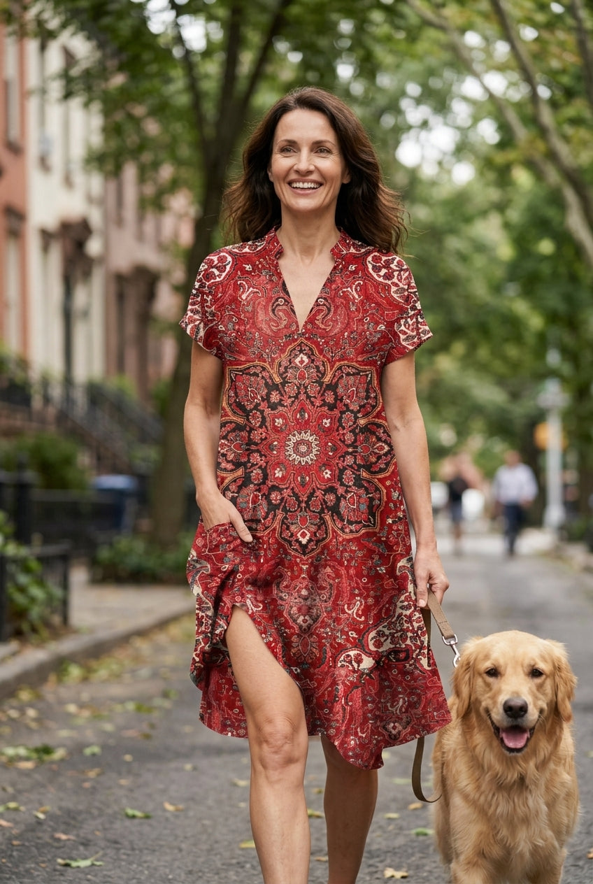 Elegant V-Neck Floral Dress for Women, Lightweight Flowing Midi with Side Pockets, for Daytime, Evening & Casual Wear