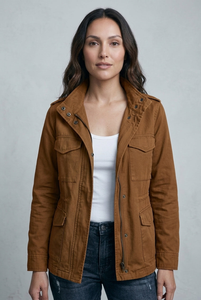 Rosa | Women's Khaki Zip Front Utility Jacket with Pockets Long Sleeve Relaxed Fit