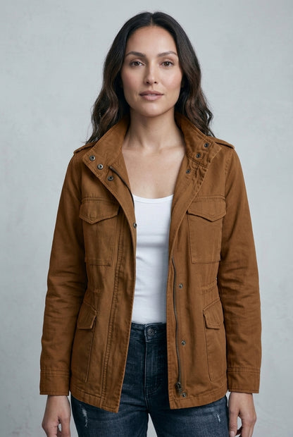 Rosa | Women's Khaki Zip Front Utility Jacket with Pockets Long Sleeve Relaxed Fit