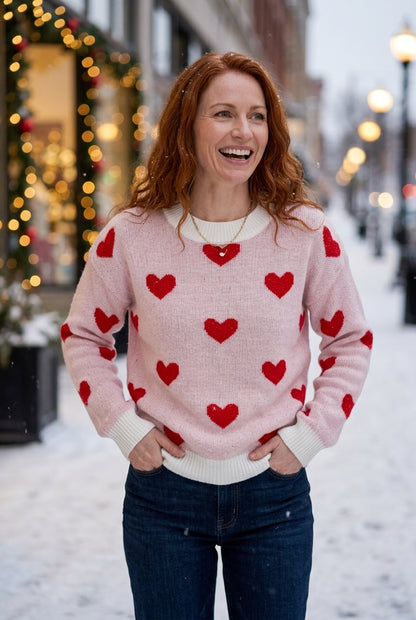 Elegant Heart Pattern Sweater for Women, Soft Knit Relaxed Fit, for Work, Casual, Everyday & Weekend Wear