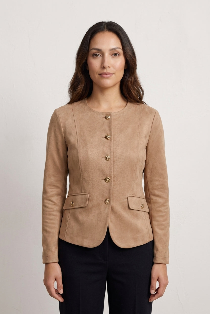 Alda | Women's Collarless Gold Button Long Sleeve Tailored Jacket