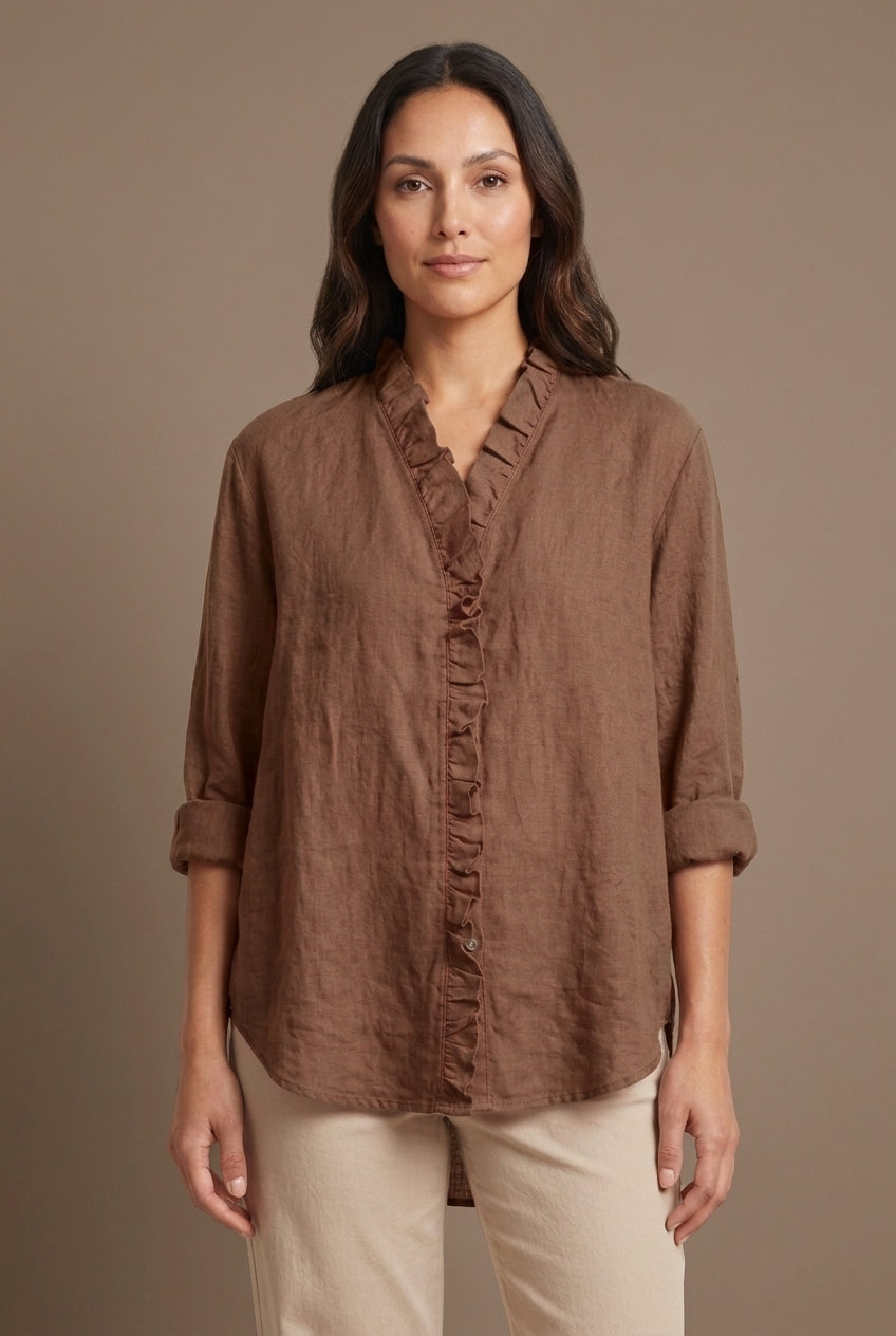 Casual Ruffle V-Neck Blouse for Women, Cotton-Linen Blend Lightweight Relaxed Fit, for Everyday Wear, Office & Smart-Cas