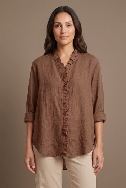 Casual Ruffle V-Neck Blouse for Women, Cotton-Linen Blend Lightweight Relaxed Fit, for Everyday Wear, Office & Smart-Cas