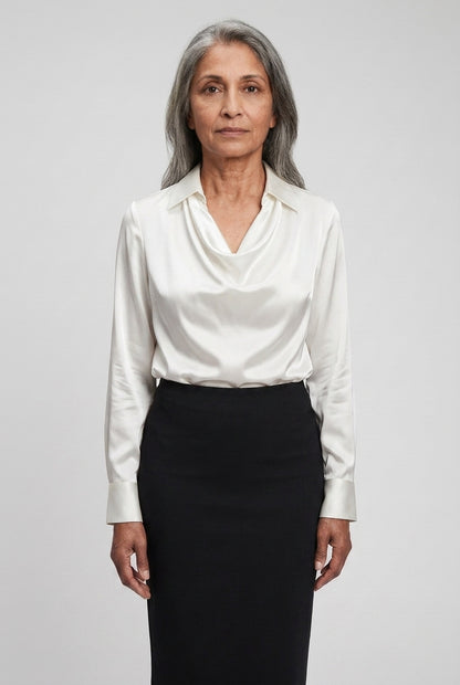 Elegant Satin Blouse for Women, Soft Drape Neckline Feminine Cut, for Work, Dinner, Evening & Everyday Wear