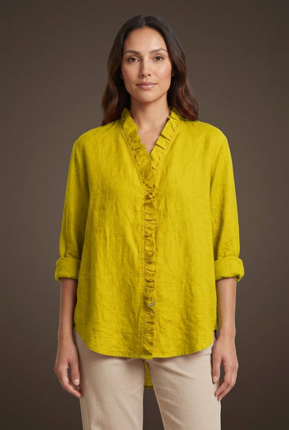Casual Ruffle V-Neck Blouse for Women, Cotton-Linen Blend Lightweight Relaxed Fit, for Everyday Wear, Office & Smart-Cas