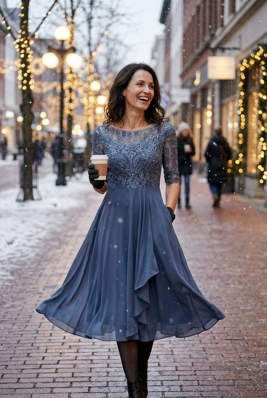 Elegant Evening Dress for Women, Fluid Draped Long-Sleeve Refined Neckline, for Formal Occasions, Dinners & Weddings