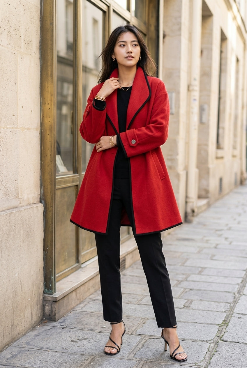 Lou | Wool-Blend Swing Coat with Contrast Trim
