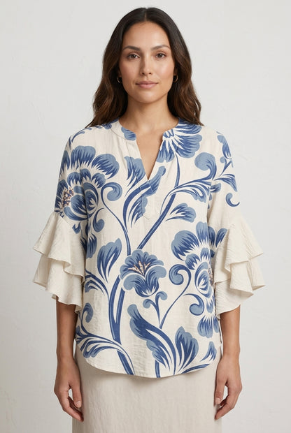 Elegant Ruffle Sleeve Blouse for Women, Floral Print Lightweight Relaxed Fit, for Work, Brunch, Casual & Everyday Wear