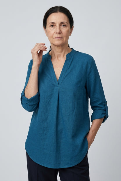 Classic V-Neck Long Sleeve Shirt for Women, Relaxed Tailored Fit Everyday Essential, for Work, Office, Casual & Layering