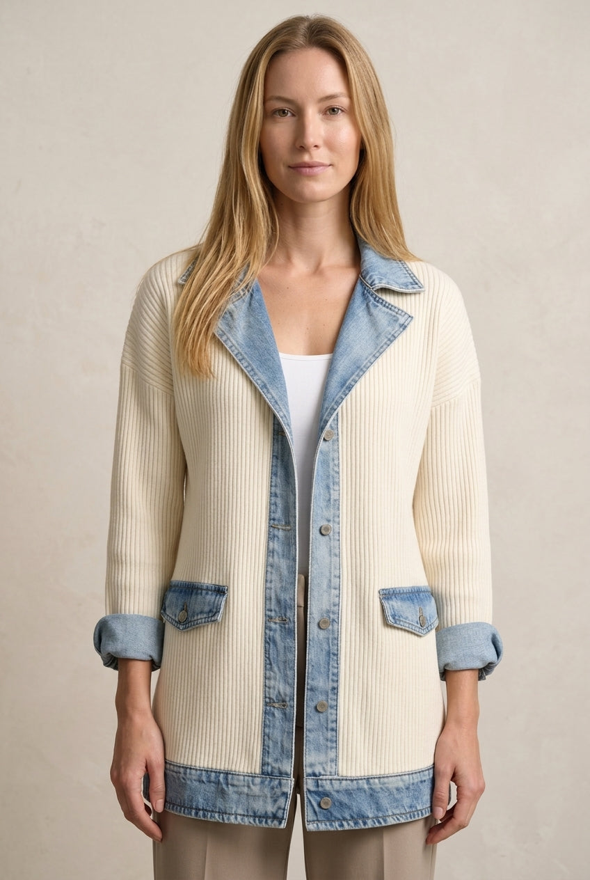 Elegant Layered Collar Button Jacket for Women, Soft Knit Denim-Inspired Mixed Texture Open-Front, for Work, Casual, Eve