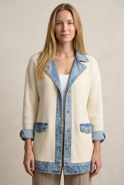 Elegant Layered Collar Button Jacket for Women, Soft Knit Denim-Inspired Mixed Texture Open-Front, for Work, Casual, Eve