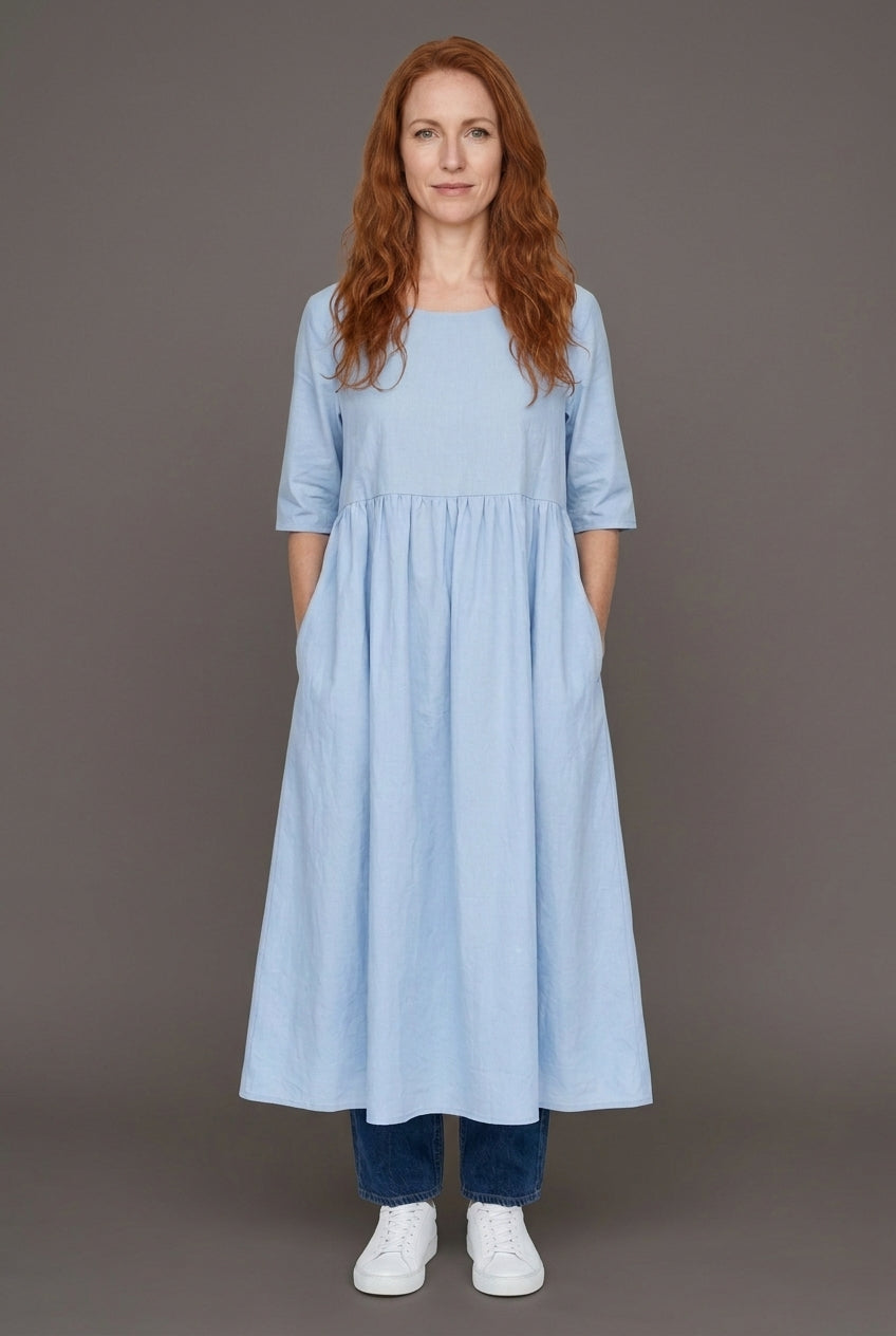 Classic Mid Sleeve Dress for Women, Cotton Relaxed Fit Round Neckline with Pockets, for Spring, Summer & Everyday Wear