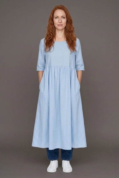 Classic Mid Sleeve Dress for Women, Cotton Relaxed Fit Round Neckline with Pockets, for Spring, Summer & Everyday Wear