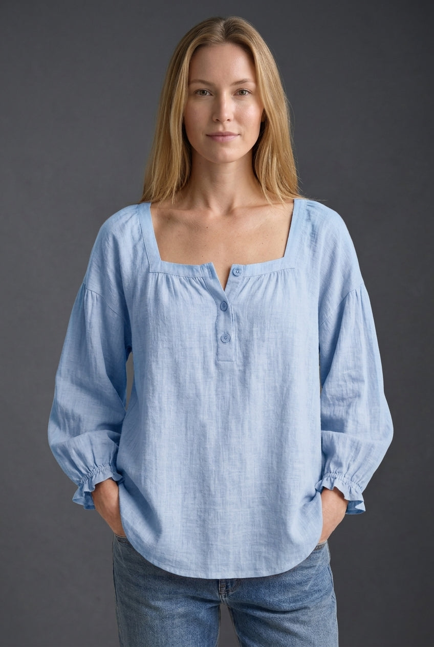 Relaxed Puff Sleeve Blouse for Women, Square Neckline Button-Front Long Sleeve, for Work, Casual, Everyday & Brunch